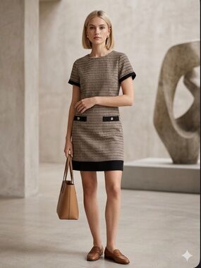 NWT Tommy Hilfiger Houndstooth Short Sleeve Shift Dress Contrast Trim Size 2